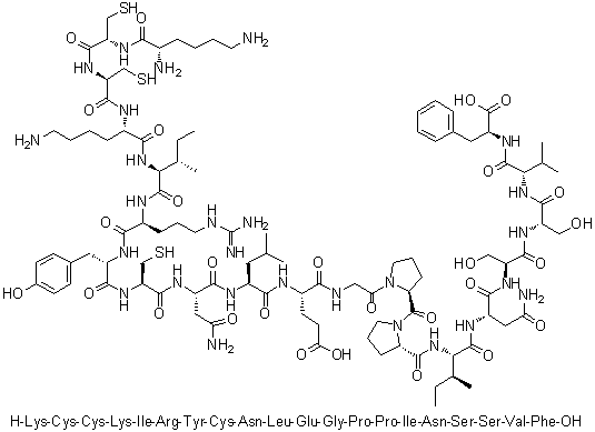 L-Lysyl-L-cysteinyl-L-cysteinyl-L-lysyl-L-isoleucyl-L-arginyl-L-tyrosyl-L-cysteinyl-L-asparaginyl-L-leucyl-L-alpha-glutamylglycyl-L-prolyl-L-prolyl-L-isoleucyl-L-asparaginyl-L-seryl-L-seryl-L-valyl-L-phenylalanine molecular structure (CAS 1535181-64-6)