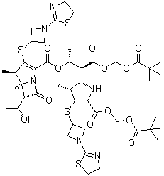 (4R,5S,6S)-3-[[1-(4,5-Dihydro-2-thiazolyl)-3-azetidinyl]thio]-6-[(1R)-1-hydroxyethyl]-4-methyl-7-oxo-1-azabicyclo[3.2.0]hept-2-ene-2-carboxylic acid (1R,2S)-2-[(2S,3R)-4-[[1-(4,5-dihydro-2-thiazolyl)-3-azetidinyl]thio]-5-[[(2,2-dimethyl-1-oxopropoxy)methoxy]carbonyl]-2,3-dihydro-3-methyl-1H-pyrrol-2-yl]-3-[(2,2-dimethyl-1-oxopropoxy)methoxy]-1-methyl-3-oxopropyl ester molecular structure (CAS 1595319-78-0)