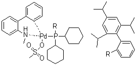 (SP-4-3)-[二环己基[2',4',6'-三(异丙基)[1,1'-联苯]-2-基]膦](甲烷磺酸)[2'-(甲基氨基)[1,1'-联苯]-2-基]钯分子结构 (CAS 1599466-81-5)