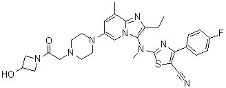 2-[[2-Ethyl-6-[4-[2-(3-hydroxy-1-azetidinyl)-2-oxoethyl]-1-piperazinyl]-8-methylimidazo[1,2-a]pyridin-3-yl]methylamino]-4-(4-fluorophenyl)-5-thiazolecarbonitrile molecular structure (CAS 1628260-79-6)