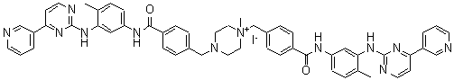 1-Methyl-1,4-bis[[4-[[[4-methyl-3-[[4-(3-pyridinyl)-2-pyrimidinyl]amino]phenyl]amino]carbonyl]phenyl]methyl]piperazinium iodide (1:1) molecular structure (CAS 1821122-74-0)