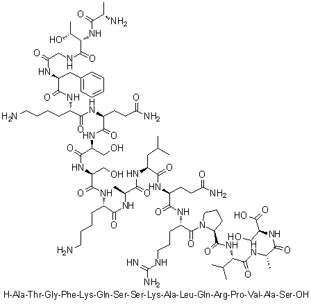 L-丙氨酰-L-苏氨酰甘氨酰-L-苯丙氨酰-L-赖氨酰-L-谷氨酰胺酰-L-丝氨酰-L-丝氨酰-L-赖氨酰-L-丙氨酰-L-亮氨酰-L-谷氨酰胺酰-L-精氨酰-L-脯氨酰-L-缬氨酰-L-丙氨酰-L-丝氨酸分子结构 (CAS 183004-28-6)