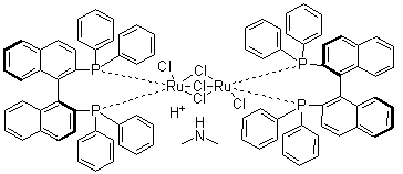 Dimethylammonium dichlorotri(mu-chloro)bis[(S)-(-)-2,2'-bis(diphenylphosphino)-1,1'-binaphthyl]diruthenate(II) molecular structure (CAS 199541-17-8)