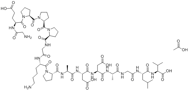 CAS # 216441-37-1, Glycyl-L-a-glutamyl-L-prolyl-L-prolyl-L-prolylglycyl-L-lysyl-L-prolyl-L-alanyl-L-a-aspartyl-L-a-aspartyl-L-alanylglycyl-L-leucyl-L-valine acetate (1:1), BPC-157 acetate, acetic acid,(4S)-4-[(2-aminoacetyl)amino]-5-[(2S)-2-[(2S)-2-[(2S)-2-[[2-[[(2S)-6-amino-1-[(2S)-2-[[(2S)-1-[[(2S)-3-carboxy-1-[[(2S)-3-carboxy-1-[[(2S)-1-[[2-[[(2S)-1-[[(1S)-1-carboxy-2-methylpropyl]amino]-4-methyl-1-oxopentan-2-yl]amino]-2-oxoethyl]amino]-1-oxopropan-2-yl]amino]-1-oxopropan-2-yl]amino]-1-oxopropan-2-yl]amino]-1-oxopropan-2-yl]carbamoyl]pyrrolidin-1-yl]-1-oxohexan-2-yl]amino]-2-oxoethyl]carbamoyl]pyrrolidine-1-carbonyl]pyrrolidine-1-carbonyl]pyrrolidin-1-yl]-5-oxopentanoic acid