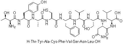 L-苏氨酰-L-酪氨酰-L-丙氨酰-L-半胱氨酰-L-苯丙氨酰-L-缬氨酰-L-丝氨酰-L-天冬氨酰胺酰-L-亮氨酸分子结构 (CAS 219562-84-2)