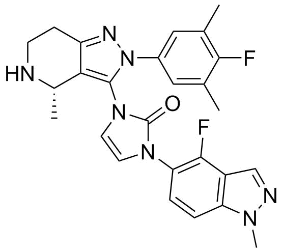 (S)-1-(4-fluoro-1-methyl-1H-indazol-5-yl)-3-(2-(4-fluoro-3,5-dimethylphenyl)-4-methyl-4,5,6,7-tetrahydro-2H-pyrazolo(4,3-c)pyridin-3-yl)-1,3-dihydro-2H-imidazol-2-one molecular structure (CAS 2212022-56-3)