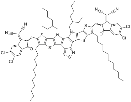 CAS # 2447642-40-0, Y7/BTP-4Cl, 2,2'-(((12,13-Bis(2-ethylhexyl)-3,9-diundecyl-12,13-dihydro-[1,2,5]thiadiazolo[3,4-e]thieno[2'',3'':4',5']thieno[2',3':4,5]pyrrolo[3,2-g]thieno[2',3':4,5]thieno[3,2-b]indole-2,10-diyl)bis(methanylylidene))bis(5,6-dichloro-3-oxo-2,3-dihydro-1H-indene-2,1-diylidene))dimalononitrile, 2-[5,6-dichloro-2-[[23-[[5,6-dichloro-1-(dicyanomethylidene)-3-oxoinden-2-ylidene]methyl]-3,27-bis(2-ethylhexyl)-8,22-di(undecyl)-6,10,15,20,24-pentathia-3,14,16,27-tetrazaoctacyclo[16.9.0.02,12.04,11.05,9.013,17.019,26.021,25]heptacosa-1(18),2(12),4(11),5(9),7,13,16,19(26),21(25),22-decaen-7-yl]methylidene]-3-oxoinden-1-ylidene]propanedinitrile