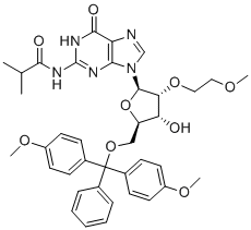 structure of CAS# 251647-50-4, N-(9-((2R,3R,4R,5R)-5-((双(4-甲氧基苯基)(苯基)甲氧基)甲基)-4-羟基-3-(2-甲氧基乙氧基)四氢呋喃-2-基)-6-氧代-6,9-二氢-1H-嘌呤-2-基)异丁酰胺
