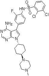 trans-N-[4-[4-Amino-7-[4-(4-methylpiperazino)cyclohexyl]-7H-pyrrolo[2,3-d]pyrimidin-5-yl]-2-fluorophenyl]-2,3-dichlorobenzenesulfonamide molecular structure (CAS 262442-90-0)