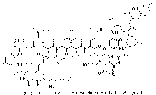 L-赖氨酰-L-赖氨酰-L-亮氨酰-L-亮氨酰-L-苏氨酰-L-谷氨酰胺酰-L-组氨酰-L-苯丙氨酰-L-缬氨酰-L-谷氨酰胺酰-L-alpha-谷氨酰-L-天冬氨酰胺酰-L-酪氨酰-L-亮氨酰-L-alpha-谷氨酰-L-酪氨酸分子结构 (CAS 263328-37-6)