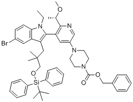 苄基 (S)-4-(5-(5-溴-3-(3-((叔丁基二苯基硅基)氧基)-2,2-二甲基丙基)-1-乙基-1H-吲哚-2-基)-6-(1-甲氧基乙基)吡啶-3-基)哌嗪-1-羧酸酯分子结构 (CAS 2641451-81-0)