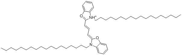 CAS # 28462-56-8, 3,3'-Dioctadecyloxacarbocyanine perchlorate, 3-Octadecyl-2-[3-(3-octadecyl-2(3H)-benzoxazolylidene)-1-propen-1-yl]-benzoxazolium, diOC18(3)(1+)