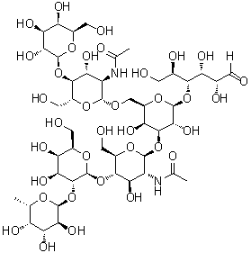 O-6-脱氧-alpha-L-吡喃半乳糖基-(1→2)-O-beta-D-吡喃半乳糖基-(1→4)-O-2-(乙酰氨基)-2-脱氧-beta-D-吡喃葡萄糖基-(1→3)-O-[O-beta-D-吡喃半乳糖基-(1→4)-2-(乙酰氨基)-2-脱氧-beta-D-吡喃葡萄糖基-(1→6)]-O-beta-D-吡喃半乳糖基-(1→4)-D-葡萄糖分子结构 (CAS 341511-38-4)