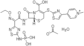 4-[2-[[(6R,7R)-2-羧基-7-[[(2Z)-(乙氧基亚氨基)[5-(膦酰氨基)-1,2,4-噻二唑-3-基]乙酰基]氨基]-8-氧代-5-硫杂-1-氮杂双环[4.2.0]辛-2-烯-3-基]硫基]-4-噻唑基]-1-甲基吡啶鎓乙酸盐水合物分子结构 (CAS 400827-55-6)