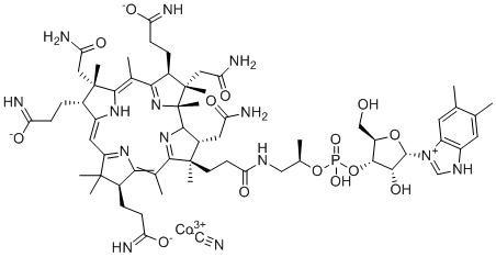 CAS # 41325-63-7, Cyanocobalamin Impurity H, cobalt(3+), 3-[(1R,2S,3S,5Z,7S,8R,9Z,13S,17R,18R)-2,7,18-tris(2-amino-2-oxoethyl)-17-[3-[[(2R)-2-[[(2R,3S,4R,5S)-5-(5,6-dimethyl-3H-benzimidazol-1-ium-1-yl)-4-hydroxy-2-(hydroxymethyl)oxolan-3-yl]oxy-hydroxyphosphoryl]oxypropyl]amino]-3-oxopropyl]-3,13-bis(3-imino-3-oxidopropyl)-1,2,5,7,12,12,15,17-octamethyl-3,8,13,18,19,22-hexahydrocorrin-8-yl]propanimidate,cyanide