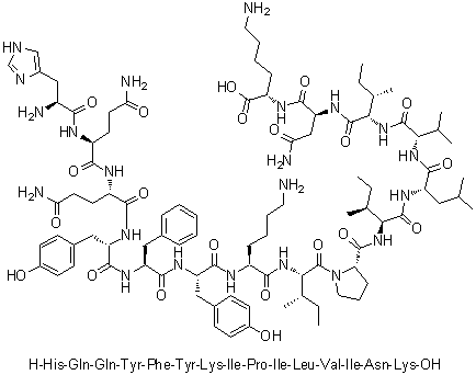 L-Histidyl-L-glutaminyl-L-glutaminyl-L-tyrosyl-L-phenylalanyl-L-tyrosyl-L-lysyl-L-isoleucyl-L-prolyl-L-isoleucyl-L-leucyl-L-valyl-L-isoleucyl-L-asparaginyl-L-lysine molecular structure (CAS 503060-82-0)