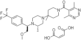 1-[(4,6-二甲基-5-嘧啶基)羰基]-4-[(3S)-4-[(1R)-2-甲氧基-1-[4-(三氟甲基)苯基]乙基]-3-甲基-1-哌嗪基]-4-甲基哌啶马来酸盐分子结构 (CAS 599179-03-0)
