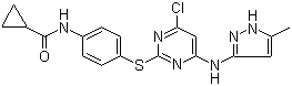 N-[4-[[4-Chloro-6-[(5-methyl-1H-pyrazol-3-yl)amino]-2-pyrimidinyl]thio]phenyl]cyclopropanecarboxamide molecular structure (CAS 639090-55-4)
