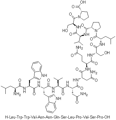 L-亮氨酰-L-色氨酰-L-色氨酰-L-缬氨酰-L-天冬氨酰胺酰-L-天冬氨酰胺酰-L-谷氨酰胺酰-L-丝氨酰-L-亮氨酰-L-脯氨酰-L-缬氨酰-L-丝氨酰-L-脯氨酸分子结构 (CAS 640293-33-0)