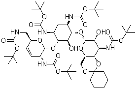 CAS # 64271-33-6, O-4,6-O-Cyclohexylidene-3-deoxy-3-[[(1,1-dimethylethoxy)carbonyl]amino]-alpha-D-glucopyranosyl-(1→6)-O-[2,3,4,6-tetradeoxy-2,6-bis[[(1,1-dimethylethoxy)carbonyl]amino]-alpha-D-erythro-hex-3-enopyranosyl-(1→4)]-2-deoxy-N1,N3-bis[(1,1-dimethylethoxy)carbonyl]-D-streptamine
