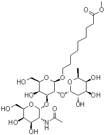 9-[[O-2-(Acetylamino)-2-deoxy-alpha-D-galactopyranosyl-(1→3)-O-[6-deoxy-alpha-L-galactopyranosyl-(1→2)]-beta-D-galactopyranosyl]oxy]nonanoic acid methyl ester molecular structure (CAS 68733-37-9)