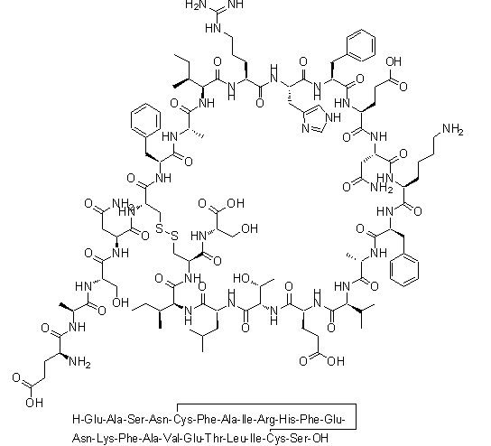L-alpha-谷氨酰-L-丙氨酰-L-丝氨酰-L-天冬氨酰胺酰-L-半胱氨酰-L-苯丙氨酰-L-丙氨酰-L-异亮氨酰-L-精氨酰-L-组氨酰-L-苯丙氨酰-L-alpha-谷氨酰-L-天冬氨酰胺酰-L-赖氨酰-L-苯丙氨酰-L-丙氨酰-L-缬氨酰-L-alpha-谷氨酰-L-苏氨酰-L-亮氨酰-L-异亮氨酰-L-半胱氨酰-L-丝氨酸环(5→22)-二硫醚分子结构 (CAS 717122-86-6)