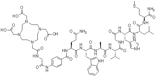 N-[2-[4,7,10-Tris(carboxymethyl)-1,4,7,10-tetraazacyclododec-1-yl]acetyl]glycyl-4-aminobenzoyl-L-glutaminyl-L-tryptophyl-L-alanyl-L-valylglycyl-L-histidyl-L-leucyl-L-methioninamide molecular structure (CAS 721937-56-0)