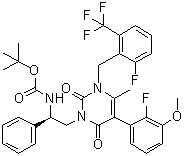 N-[(1R)-2-[5-(2-氟-3-甲氧基苯基)-3-[[2-氟-6-(三氟甲基)苯基]甲基]-3,6-二氢-4-甲基-2,6-二氧代-1(2H)-嘧啶基]-1-苯基乙基]氨基甲酸叔丁酯分子结构 (CAS 830346-51-5)