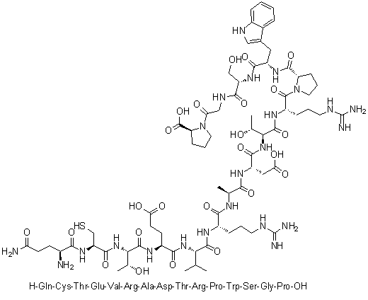 L-谷氨酰胺酰-L-半胱氨酰-L-苏氨酰-L-alpha-谷氨酰-L-缬氨酰-L-精氨酰-L-丙氨酰-L-alpha-天冬氨酰-L-苏氨酰-L-精氨酰-L-脯氨酰-L-色氨酰-L-丝氨酰甘氨酰-L-脯氨酸分子结构 (CAS 858924-90-0)