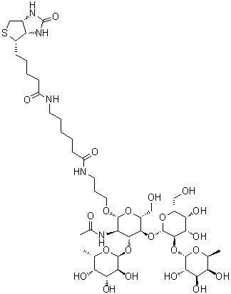 (3aS,4S,6aR)-N-[6-[[3-[[O-6-脱氧-alpha-L-吡喃半乳糖基-(1→2)-O-beta-D-吡喃半乳糖基-(1→4)-O-[6-脱氧-alpha-L-吡喃半乳糖基-(1→3)]-2-(乙酰氨基)-2-脱氧-beta-D-吡喃葡萄糖基]氧基]丙基]氨基]-6-氧代己基]六氢-2-氧代-1H-噻吩并[3,4-d]咪唑-4-戊酰胺分子结构 (CAS 870891-90-0)