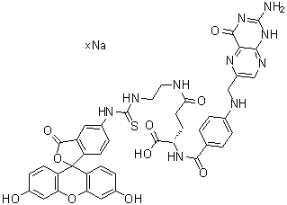 5-[[[[2-[[(4S)-4-[[4-[[(2-Amino-1,4-dihydro-4-oxo-6-pteridinyl)methyl]amino]benzoyl]amino]-4-carboxy-1-oxobutyl]amino]ethyl]amino]thioxomethyl]amino]-2-(6-hydroxy-3-oxo-3H-xanthen-9-yl)benzoic acid sodium salt molecular structure (CAS 910661-33-5)