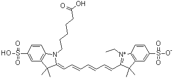 2-[7-[1-(5-羧基戊基)-1,3-二氢-3,3-二甲基-5-磺基-2H-吲哚-2-亚基]-1,3,5-庚三烯-1-基]-1-乙基-3,3-二甲基-5-磺基-3H-吲哚鎓内盐分子结构 (CAS 943298-08-6)