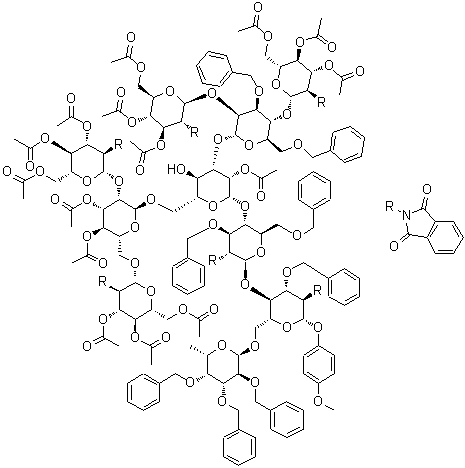 4-Methoxyphenyl O-3,4,6-tri-O-acetyl-2-deoxy-2-(1,3-dihydro-1,3-dioxo-2H-isoindol-2-yl)-beta-D-glucopyranosyl-(1→2)-O-[3,4,6-tri-O-acetyl-2-deoxy-2-(1,3-dihydro-1,3-dioxo-2H-isoindol-2-yl)-beta-D-glucopyranosyl-(1→4)]-O-3,6-di-O-(phenylmethyl)-alpha-D-mannopyranosyl-(1→3)-O-[O-3,4,6-tri-O-acetyl-2-deoxy-2-(1,3-dihydro-1,3-dioxo-2H-isoindol-2-yl)-beta-D-glucopyranosyl-(1→2)-O-[3,4,6-tri-O-acetyl-2-deoxy-2-(1,3-dihydro-1,3-dioxo-2H-isoindol-2-yl)-beta-D-glucopyranosyl-(1→6)]-3,4-di-O-acetyl-alpha-D-mannopyranosyl-(1→6)]-O-2-O-acetyl-beta-D-mannopyranosyl-(1→4)-O-2-deoxy-2-(1,3-dihydro-1,3-dioxo-2H-isoindol-2-yl)-3,6-bis-O-(phenylmethyl)-beta-D-glucopyranosyl-(1→4)-O-[6-deoxy-2,3,4-tris-O-(phenylmethyl)-alpha-L-galactopyranosyl-(1→6)]-2-deoxy-2-(1,3-dihydro-1,3-dioxo-2H-isoindol-2-yl)-3-O-(phenylmethyl)-beta-D-glucopyranoside molecular structure (CAS 946164-26-7)