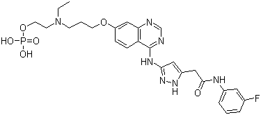 3-[[7-[3-[Ethyl[2-(phosphonooxy)ethyl]amino]propoxy]-4-quinazolinyl]amino]-N-(3-fluorophenyl)-1H-pyrazole-5-acetamide molecular structure (CAS 957881-03-7)